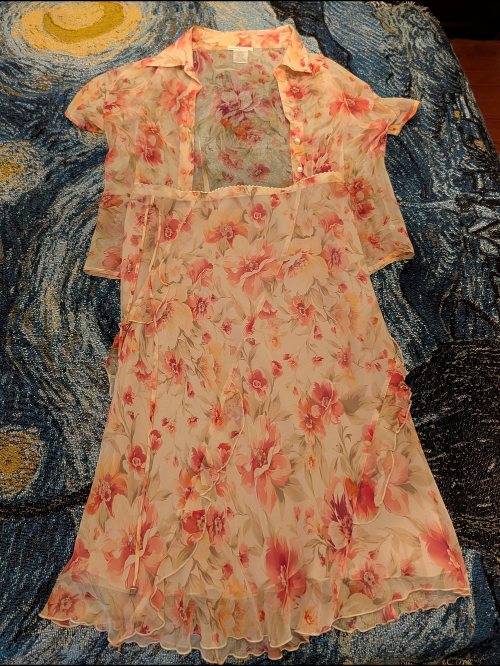 Laura 100% Silk Sheer Floral Two-Piece Dress Set in Peach and Cream